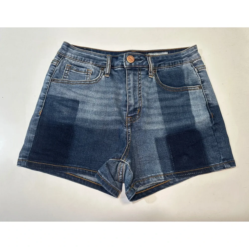 Aeropostale Patchwork Denim Shorts Women Sz 6 Blue High Waisted Midi Colorblock